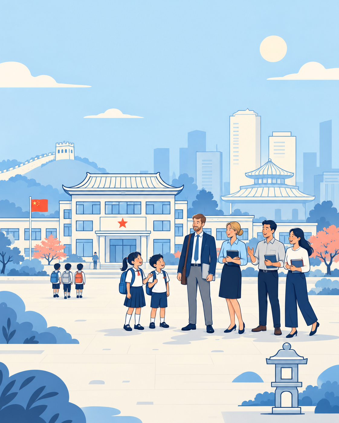 International teachers and students at a Chinese school campus
